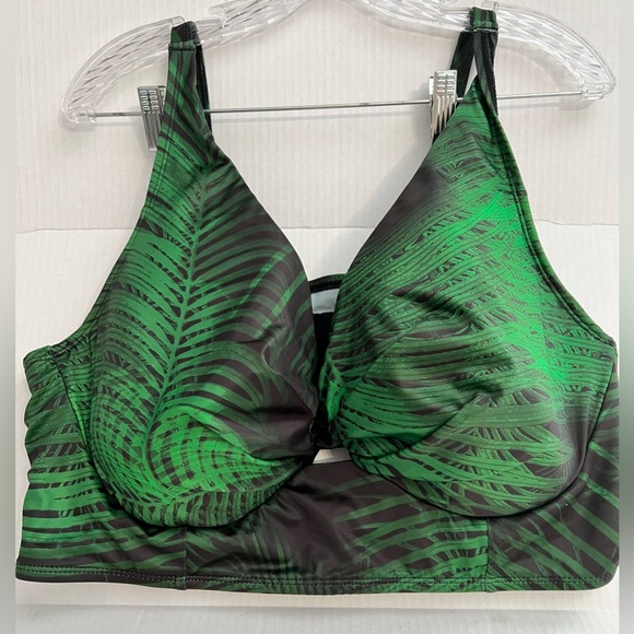 Swim by Cacique Green Palm Print Women's Plunge Swim Top - Picture 1 of 6